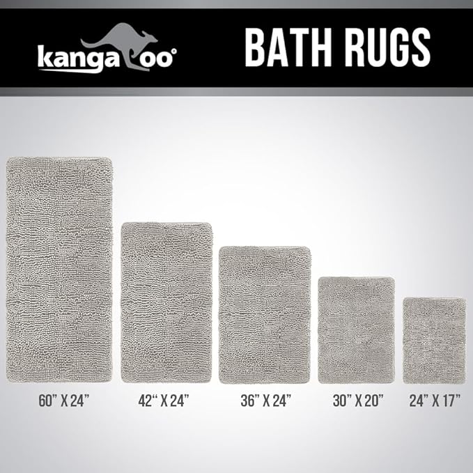 KANGAROO Bathroom Rugs, Chenille Soft Absorbent Bath Rug, Shaggy Shower Mat, Quick Dry Machine Wash Bathmat, Plush Carpet Mats for Tub, Bathtub and Room Home Decor Accessories, 36x24, Light Gray