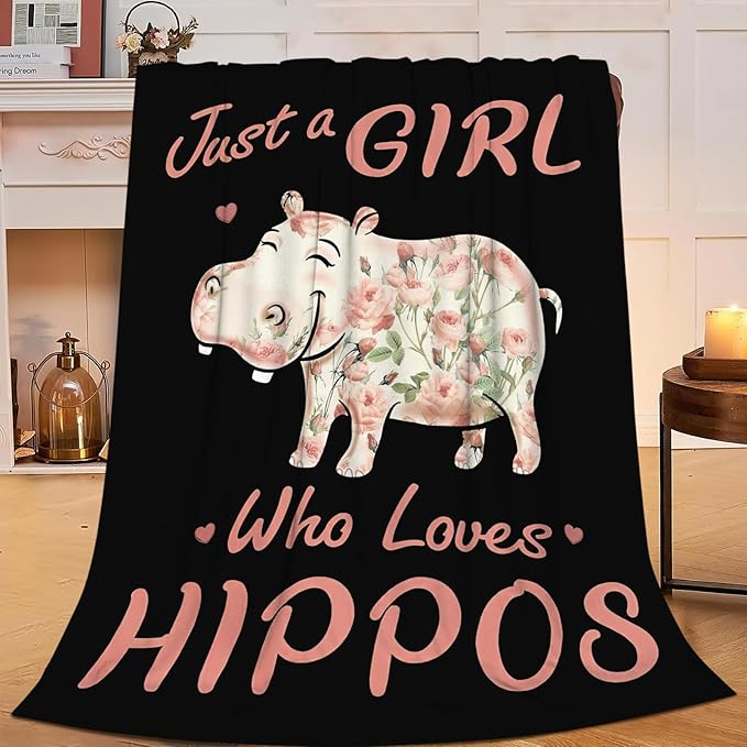 Hippo Blanket for Girls Women Just A Girl Who Loves Hippos Gifts Throw Blanket Lightweight Fuzzy Cozy Plush Flannel Fleece Blankets for Bed Decor 50"x60"