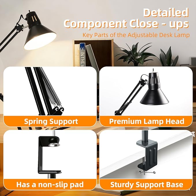 LED Desk Lamp With Clamp for Home Office, Eye-Caring Clip on Light with Adjustable Extra Tall Metal Swing Arm, High Intensity Clamp w/A19 E26 Bulb for Working Reading, 3000k Table Lamps Warm Light