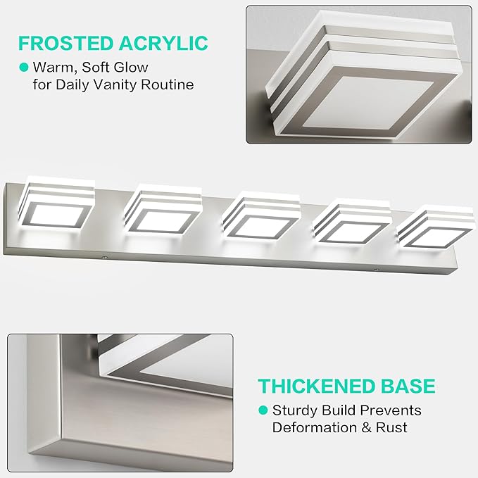 SOLFART LED Bathroom Lighting Fixtures - 5 Lights Modern Brushed Nickel Acrylic Vanity Lights for Mirror 32inch 24W