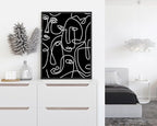 Abstract Face Pattern Wall Art Black Background White Continuous Line Drawing 12x16 Inch Oak Wood Black Framed Modern Diverse Portrait for Living Room Decor