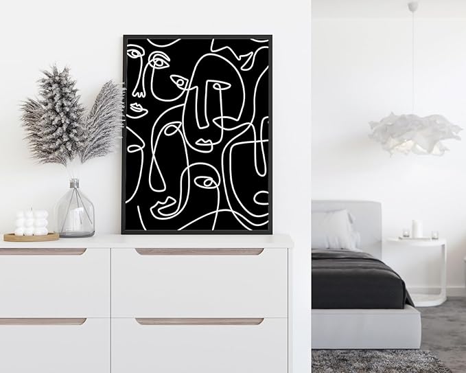Abstract Face Pattern Wall Art Black Background White Continuous Line Drawing 12x16 Inch Oak Wood Black Framed Modern Diverse Portrait for Living Room Decor