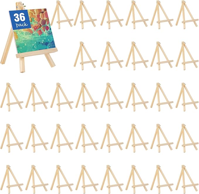 Falling in Art 36 Pack Mini Wooden Display Easels, 10 Inch Tripod Painting Easel Stand, Portable Art Canvas Holder for Photos, Prints and Signs