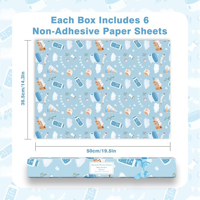 SCENTORINI Baby Powder Scented Drawer Liners, 6 Sheets Fragrant Paper Liners Non-Adhesive Paper Sheets for Home Closet, Dresser Drawers, for Home Fragrance