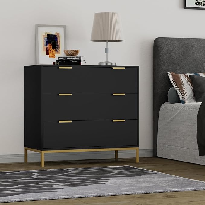Anmytek Black Dresser for Bedroom, 3 Drawer Dresser with Spacious Storage Modern Wood Chest of Drawers for Bedroom Living Room Chest of Drawers for Hallway H0073