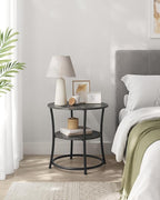 VASAGLE 21.7-Inch Round Side Table, 2-Tier End Table, Nightstand with Steel Frame, Spacious Top, for Small Spaces, Living Room, Bedroom, Misty Gray and Ink Black ULET056G68