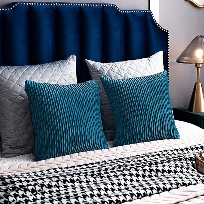 Turquoise Throw Pillow Cases 16x16: 2 Pack Inch Original Striped Velvet Square Decorative Pillow Covers for Farmhouse Couch