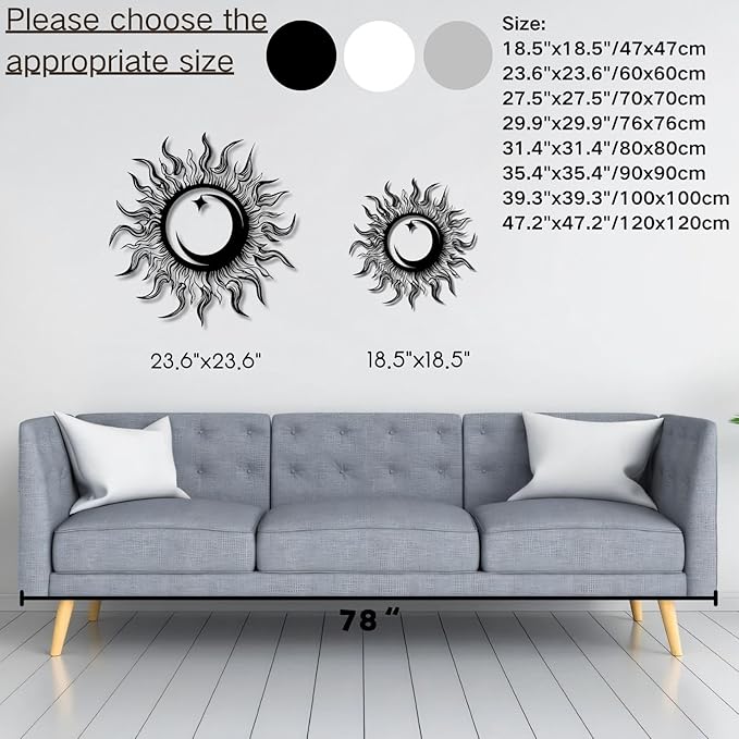 KingGenius Sun Moon Star Wall Decor,Metal Sun Wall Art,Sun Moon Art,Celestial Decor (Black, 35.4"x35.4"/90x90cm, Metal Wall Art)
