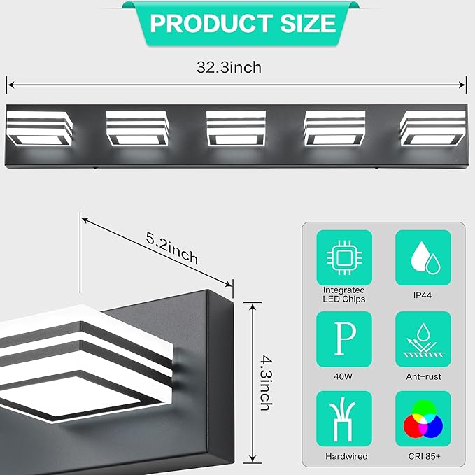 SOLFART LED Bathroom Lighting Fixtures - 5 Lights Modern Matte Black Acrylic Vanity Lights for Mirror 32inch 24W