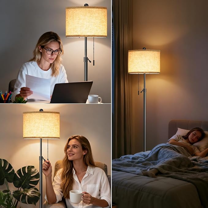 Floor Lamp for Living Room - Adjustable Height Standing Lamp with Marble Base & Linen Shade - Tall Pole Floor Light with 3 Color Temperatures Bulb for Bedroom, Reading - Easy Assembly