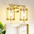 2-Light Brushed Gold Bathroom Light Fixtures, 13.8 Inch Modern Bathroom Vanity Lighting Fixtures Over Mirror with Clear Glass and Metal Cage Wall Sconce Lights for Bath, E26, OS-3014BG-2W