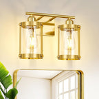 2-Light Brushed Gold Bathroom Light Fixtures, 13.8 Inch Modern Bathroom Vanity Lighting Fixtures Over Mirror with Clear Glass and Metal Cage Wall Sconce Lights for Bath, E26, OS-3014BG-2W