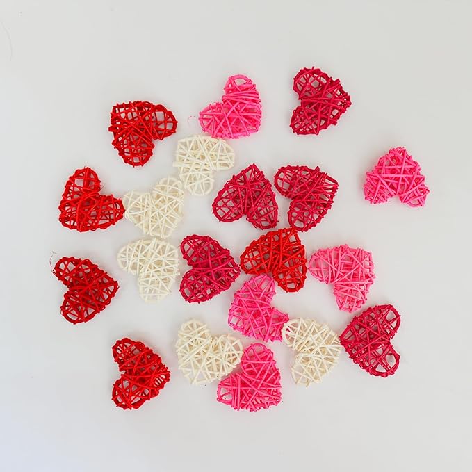 40Pcs Natural Rattan Hanging Ornaments Valentine Heart Round Wicker Balls for Valentine's Day, Christmas Wedding Baby Shower DIY Craft Vase Fillers for Home Party Decor
