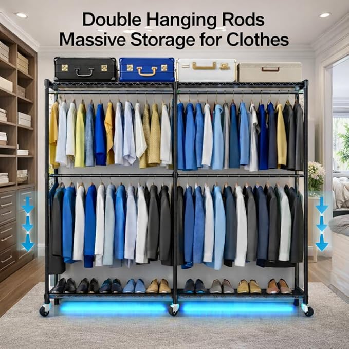 Heavy Duty Clothes Rack with Wheels, 43"W x 18"D x 81"H Rolling Garment Rack, 800 lb Capacity, 3-Tier Adjustable Shelves, Double Hanging Rods, 6 Hooks, Portable Closet Organizer, Tool-Free Assembly