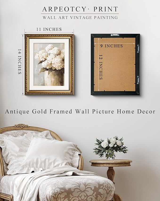 ARPEOTCY Vintage Gold Framed Wall Art Decor, 11x14 Inch Retro White Hydrangeas Prints, Farmhouse Floral Wall Art for Living Room Bedroom, Botanical Bathroom Decor Aesthetic