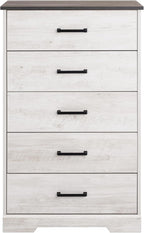 Prepac Rustic Ridge Farmhouse Dresser, Washed White Dresser for Bedroom, Chest of Drawers with 5 Drawers 18.5" D x 27.5" W x 43.5" H, ABDR-1605-1