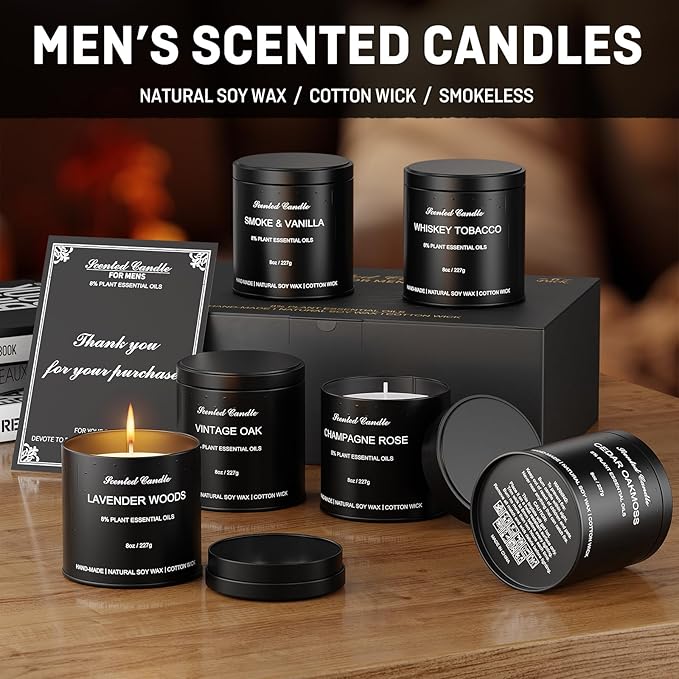 6 Pack Scented Candles for Men, Masculine Scented Candles Gift Set, Luxury Aromatherapy Soy Wax Candles with Essential Oils, Strong Scented Long Lasting Natural Soy Candles, Gifts for Men