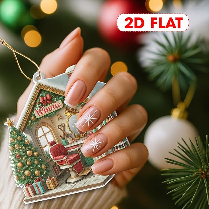 Personalized Hair Salon Christmas Ornament 2025, Custom Name Acrylic Barber Shop Decor, 2D Flat Xmas Tree Ornament, for Hairdresser & Stylist
