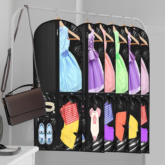 Windyun 10 Pack Garment Bags for Dance Costumes Kids 40 Inch Clothing Bags Hanging Clothes with 3 Clear Zipper Pocket Waterproof Garment Cover for Dance Competition, Travel, Closet Storage(Black)