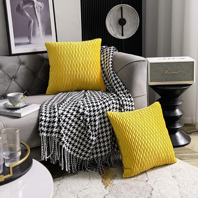 Mustard Yellow Couch Pillow Covers: 2 Pack 24x24 Inch Original Striped Velvet Square Throw Pillow Cases for Farmhouse Home Decor