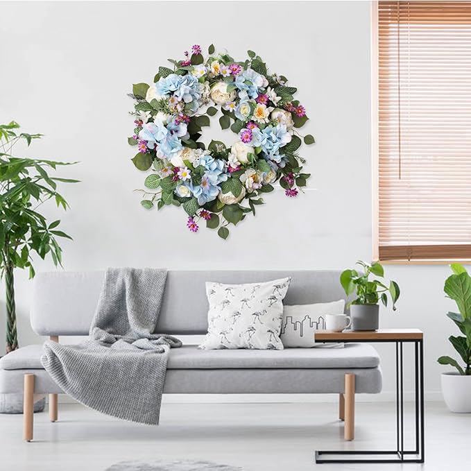 24 Inch Spring Wreaths for Front Door, Spring Wreath,Blue Hydrangea Wreath,Large Spring Summer Door Wreaths for Front Door Outside All Season Home Decor (Blue)