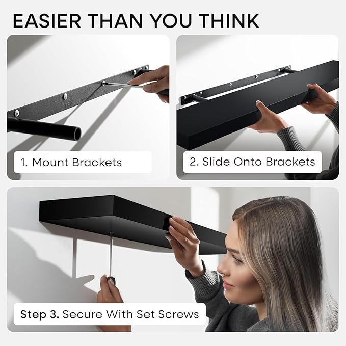 Homeforia Black Floating Shelves 36 inches Long, High End Solid Real Wood 36 inch Floating Shelf for Wall Mounted, Black Wooden 36in Floating Shelves, Heavy Duty Bracket, 36 X 6.5 X 1.75 in, Set of 4