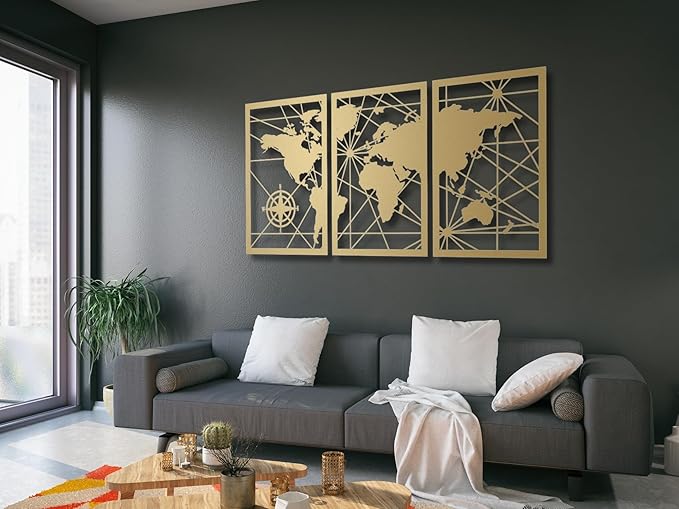 VAILLA World Map Wood Wall Art Decor Large Hanging Sculpture Modern Home Decoration Large Set of 3 Panels Map Wallart Botanical Wall Hangings Wooden Wall Arr 3D Textured Sculptures for Living Room Bedroom Office Dinnig Room