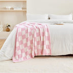 CozeCube Super Soft Fullfy Microfiber Reversible Knitted Blankets, Warm Cozy Fuzzy Plush Throw, Pink and White Checkered Throw Blanket for Couch Bed Sofa, 50" x 60"