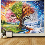Dermijer Colorful Tree of Life Tapestry Four Seasons Trees Tapestrie Spring Flower Green Summer Autumn Leaves Winter Snowflake Magical Natural Landscape Wall Hanging for Home Decor L78.7×W59.1
