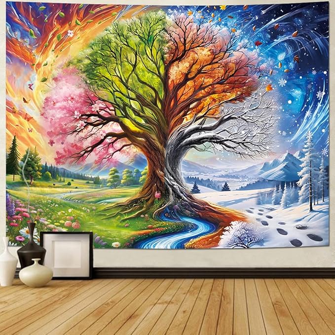 Dermijer Colorful Tree of Life Tapestry Four Seasons Trees Tapestrie Spring Flower Green Summer Autumn Leaves Winter Snowflake Magical Natural Landscape Wall Hanging for Home Decor L59.1×W51.2