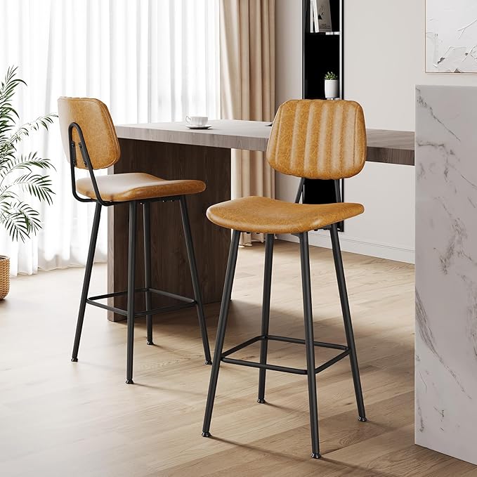 29-Inch Leather Bar Stools Set of 2, Counter Height Barstools with High Backrest，Bar Chairs for Kitchen Island with Heavy Duty Metal Legs, Brown