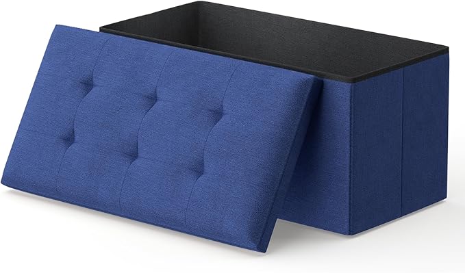 MoNiBloom 30 Inch Storage Ottoman Bench, Rectangle End of Bed Bench, Storage Padded Seat, Linen Fabric Ottoman Footrest for Living Room, Bedroom, Entryway, Navy Blue