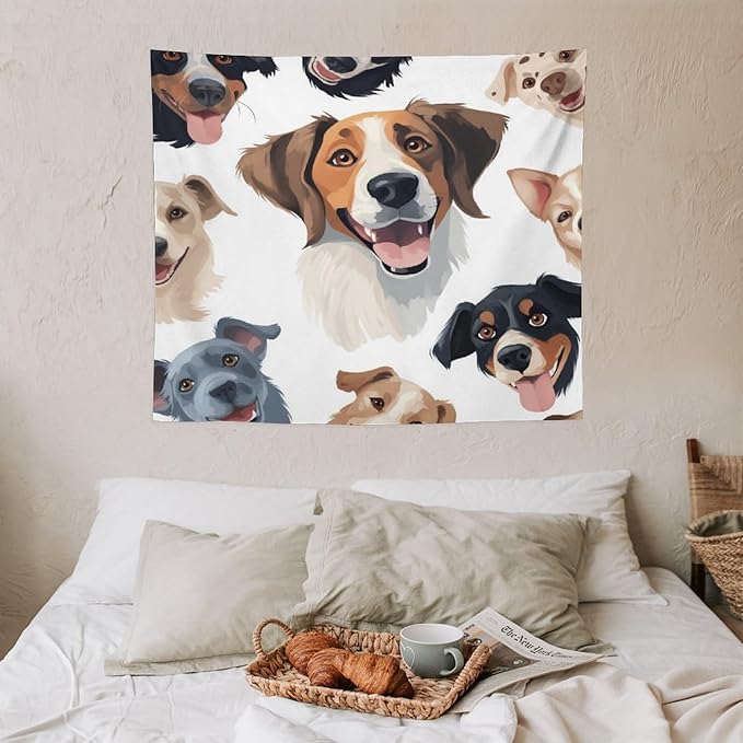 VUMIVI Cartoon Dog Tapestry Black & White Pet Dog Heads Cute Illustration Modern Creative Design Tapestry Wall Hanging for Living Room Bedroom Dorm Classroom Aesthetic Decor W60xL50in