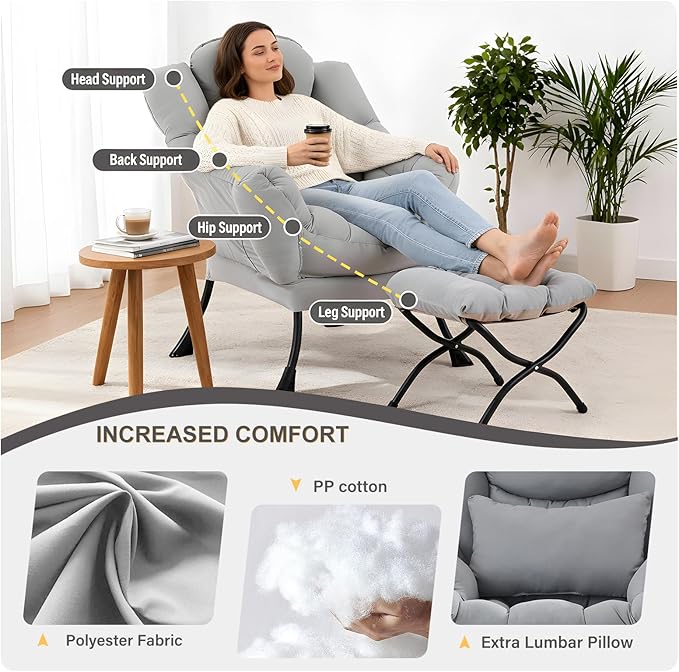 Lazy Chair with Ottoman, Modern Accent Chair with Lumbar Pillow, Grey Sofa, Lounge Chairs with Folding Footrest, Oversized Supportive Chairs for Bedroom, Reading