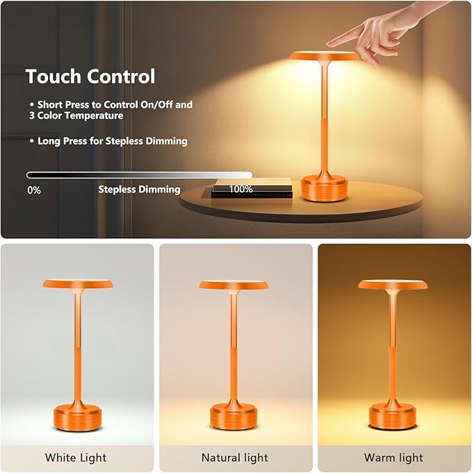 Rechargeable Cordless LED Table Lamps Touch Sensor Light, 3-Levels Portable Dimming Wireless Battery Operated Lamp，Nightstand Lamp/Night Light/Restaurant Table/Outdoor/Coffee/Bar (Orange)