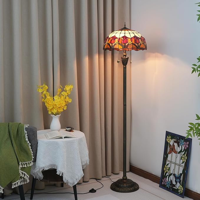 Tiffany Floor Lamp Red Tulip Style Stained Glass Standing Reading Light 16X16X64 Inches Antique Unique Pole Corner Tall Decor Lamp for Bedroom Living Room Home Office