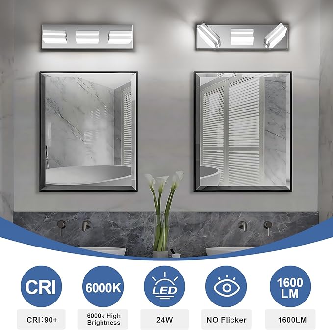 Modern LED Small Bathroom Lights Fixtures(3-Light),Stainless Steel Chrome Acrylic Wall Lighting,Vanity Lights for Bathroom Over Mirror(6000K 16in)