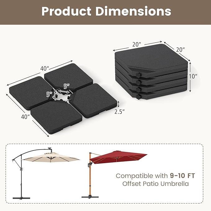 Giantex 225 lbs Fillable Patio Offset Umbrella Base, 4-Piece Cantilever Stand with Water and Sand Reservoirs, 4 Connecting Pins, Heavy Duty HDPE Umbrella Weighted Plates for Poolside, Garden, Yard
