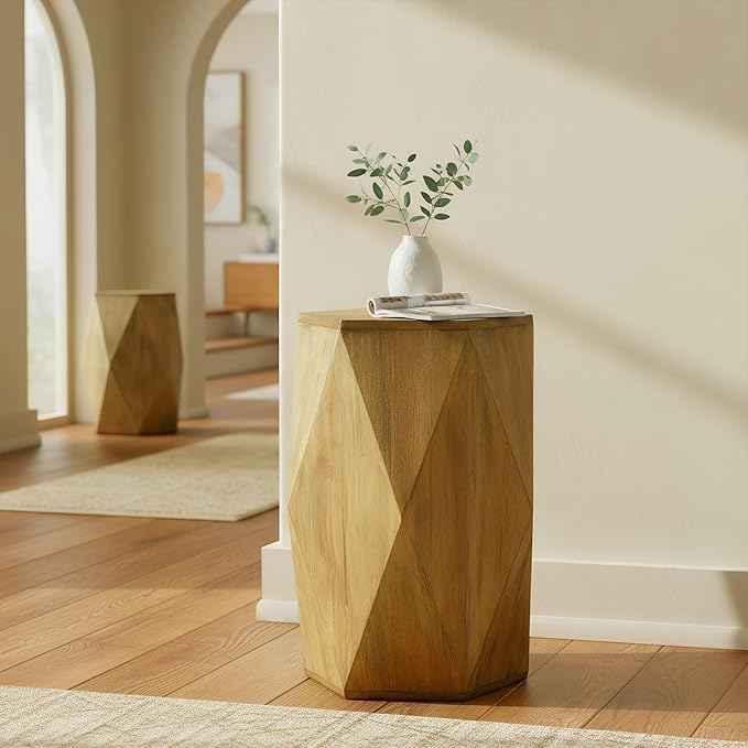 Fully Assembled Round Side Table with Gold Geometric Design & Wave Pattern, Solid Wood End Table Nightstand for Living Room, Bedroom, Office, 18 Inch (Geometric Natural Wood)