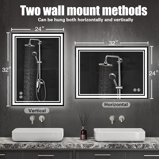 24“ x 32” LED Mirror for Bathroom LED Bathroom Mirror Anti-Fog Dimmable 3 Colors Bathroom Mirror with Lights Smart Mirror Memory Wall Mounted Front and Backlit Horizontal/Vertical