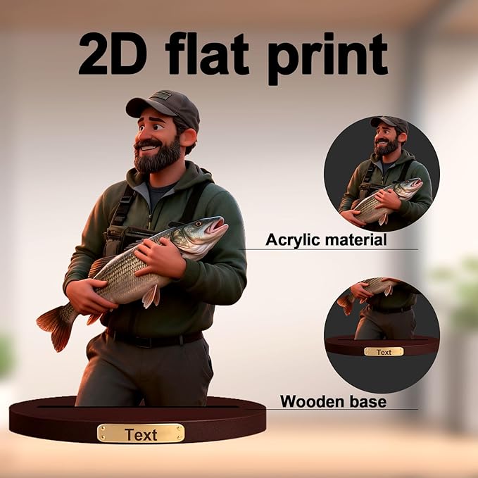 Personalized 3D Cartoon Photo Fishing Figurine Desktop Ornament Home Office Bedside Table Decoration From Your Photos To Office Desk Frames Gift‘S For Fathers And Fishing Enthusiasts (Fishing cartoon)