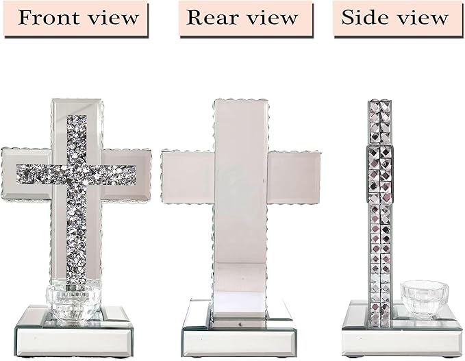 GIMORRTO Mirrored Cross Wall Decor, Crushed Diamond Crystal Glass, Religious Wall Art (Small tabletop with candle holder)