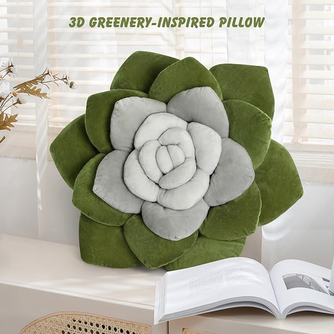 Flower Throw Pillow - 17.8" Plant Shaped Cushion, Soft Plush Decorative Pillow for Bedroom & Living Room, Unique Green Design, Home Decor Accen