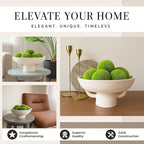 Luxurious White Textured Ceramic Bowl and Greenery Set,12.5x10.5 Inch Pedestal Decorative Bowl, with 6 Green Succulent Moss Balls, Counter Top, Farmhouse Table Centerpiece, Living Room, Kitchen Decor