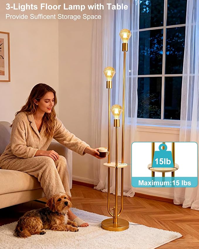 Lightdot Gold Floor Lamp for Living Room, Dimmable Vintage Floor Lamp with Shelf & E26 Base Bulbs, 3 Light Mid Century Standing Lamp, Tall Lamp for Bedroom/Sofa Beside/Corner Decor(Bulbs Included)