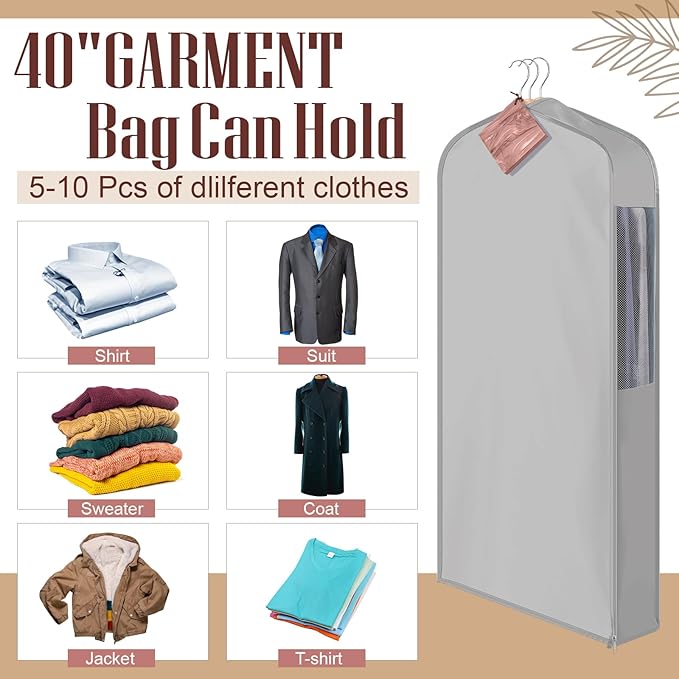 2 Set 40in Short Cotton Garment Bags, 6in Wide Gusset Hanging Storage Clothes with 8 Cedar Blocks, Transparent Mesh Window, Breathable Closet Bags for Fur Coat Suit Sweater Dress, Gray