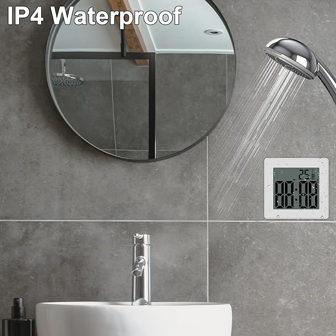 Digital Shower Clock, Large LCD Display Waterproof Timer for Shower, Suction Cups for Home (White) - Only Military time and ℃ Display