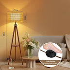 Rattan Wood Floor Lamp Tripod with Shelves, Mid Century Modern Floor Lamps for Living Room, 3 Color Temperatures with Foot Switch, Boho Standing Lamp for Bedroom Decor Walnut Brown Tall Lamps
