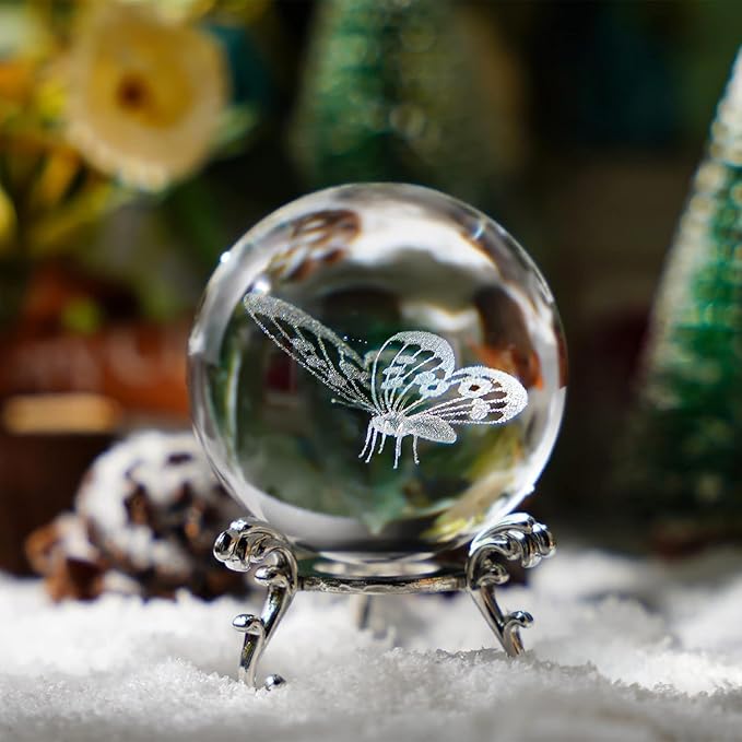 HDCRYSTALGIFTS 3D Laser Butterfly Crystal Ball Paperweight Glass Sphere Figurines Decorative Balls Gift (60mm)