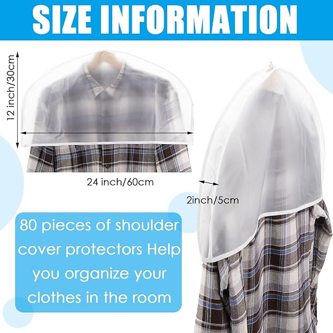 Patelai 80 Pcs Shoulder Covers for Hanging Clothes 24 x 12 x 2 Inches Plastic Garment Dust Covers Protectors with 2" Gusset for Closet Storage Suit, Coats, Jackets, Dress Closet Storage